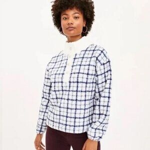 NWOT LOFT Women's Plaid Rib Trim Faux Sherpa Sweater - Blue - Size L Petite